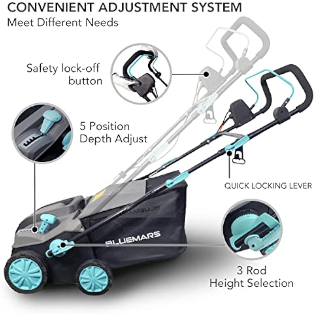 Bluemars 2000W Lawn Scarifier and Aerator, 40CM Working Width Electric Lawn Rake,5 Positions,55L Grass Box, Folding Handle,10M Power Cord