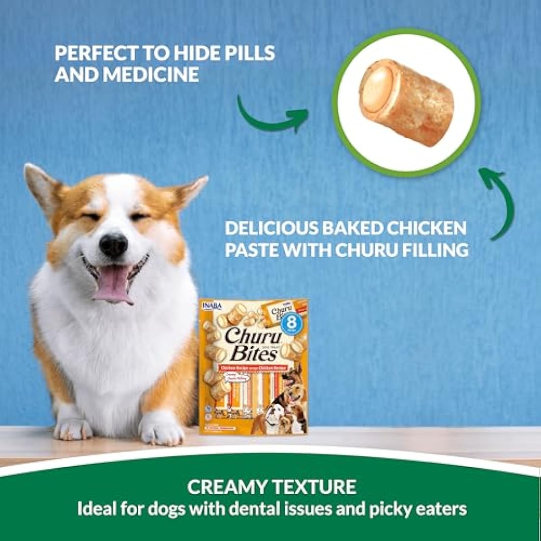 Churu Bites by INABA Dog Treat - Chicken & Cheese Flavour 8 Pack (64 x 12g total) / Crispy Pouches with Creamy Filling, Delicious & Healthy Snack for Dogs, Training Treat, Natural, Grain Free