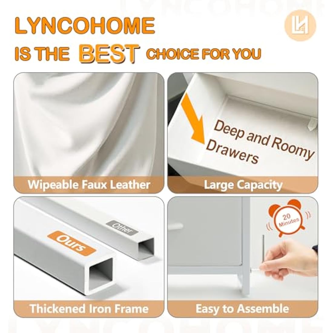 LYNCOHOME White Chest of Drawers for Bedroom, 9 Drawer Fabric Dresser Storage Organizer, Wide Dresser TV Stand for Bedroom, Living Room, Entryway, Nursery