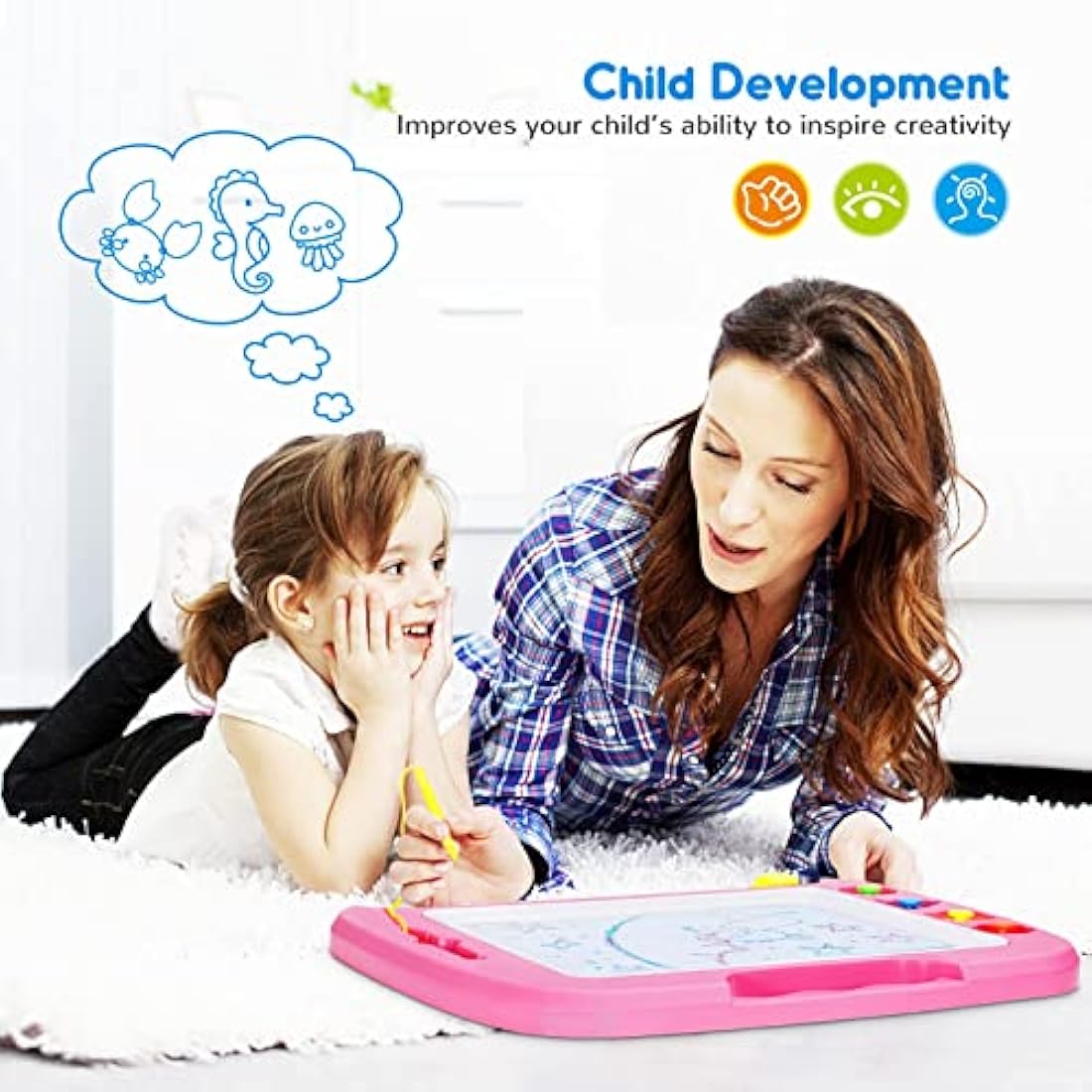 SGILE Large Magnetic Drawing Board - 4 Colors 42×33cm Doodle Pad with 4 Stamps for Toddlers, Learning Toy Gift Magna Doodle Board Etch Sketch Toys for Boys Girls Kids Age 2 3 4, Pink