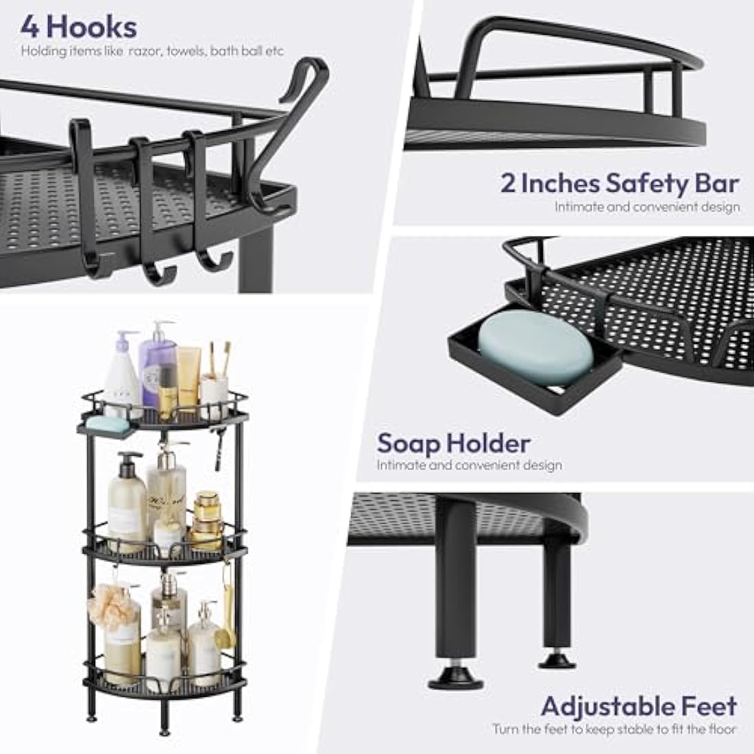 SWTYMIKI Corner Shower Caddy - 3 tier Bathroom Corner Shelf Shower Organizer Corner with 4 Hooks, Rust Free Standing Shower Caddy with Soap Holder,Shower Rack for Inside Bathroom,Shower storage,Black