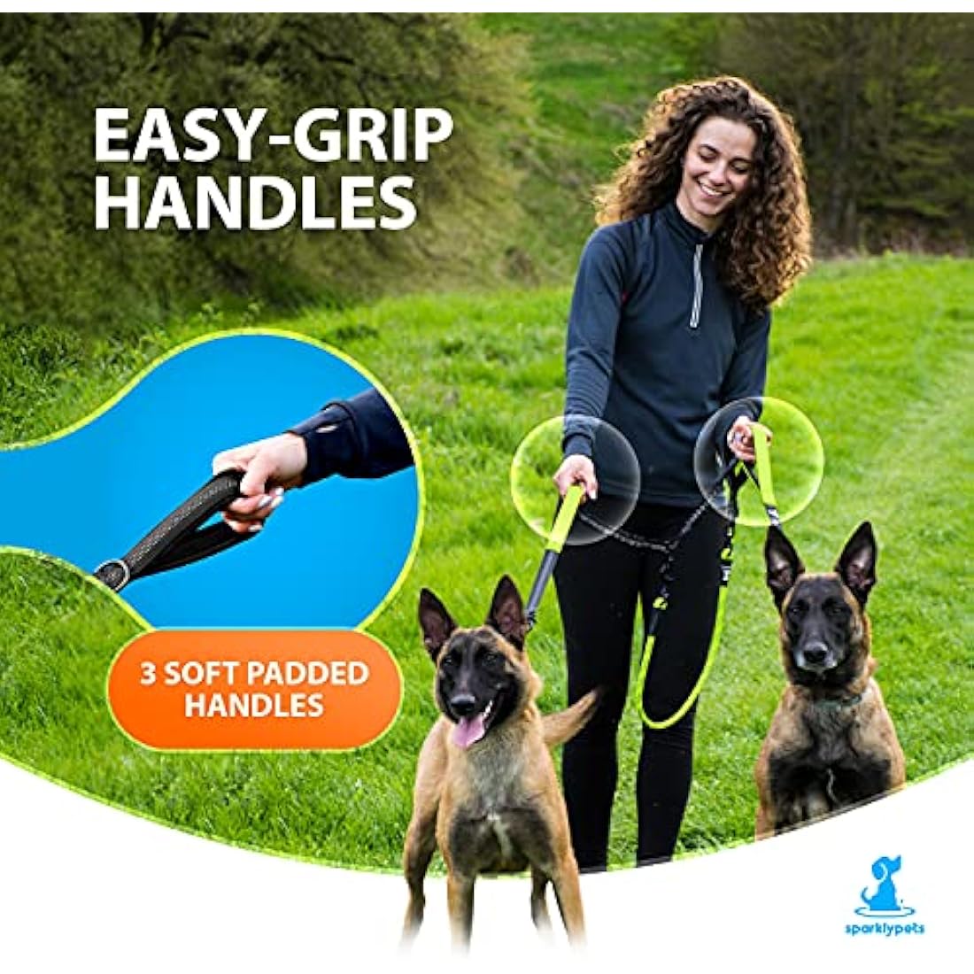 SparklyPets Double Dog Leash for 2 Dogs – Rope Bungee Dual Leash for Medium and Large Breeds with Padded Handles & Tangle Free (Green, Medium/Large)