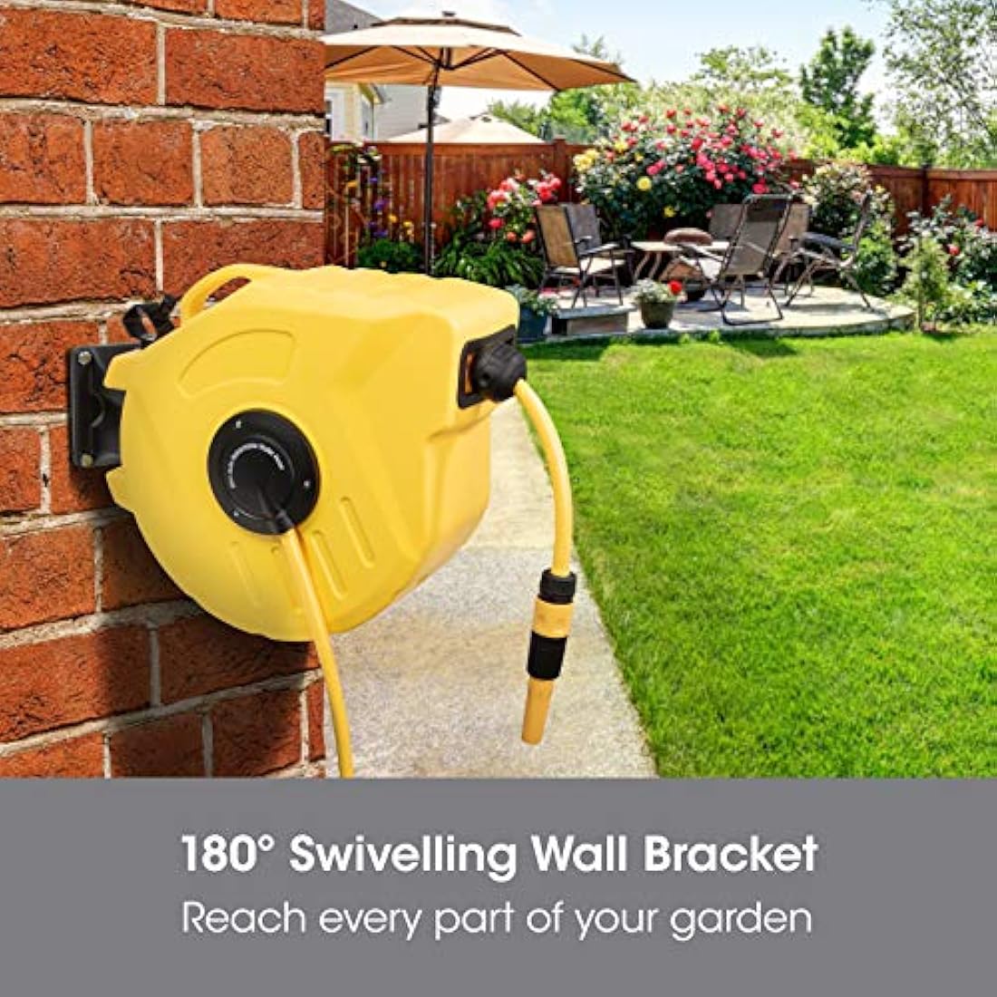 Garden Hose Pipe, 20M, Wall Mounted Hose Reel, Auto Retractable Hose Pipe, Portable 180° Swivel 2-in-1 Jet or Spray, Auto Locking System, Garden Hose Spray Gun