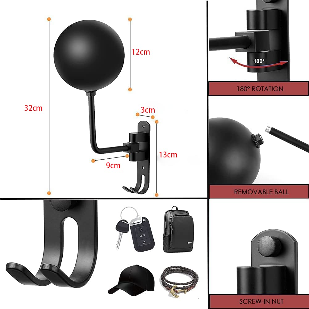 motofans Helmet Stand, Rotation Metal Helmet Holder Wall Mount, Helmet Holder Bike with 2 Hooks Helmet Hanger for Motorbike, Caps, Baseballs