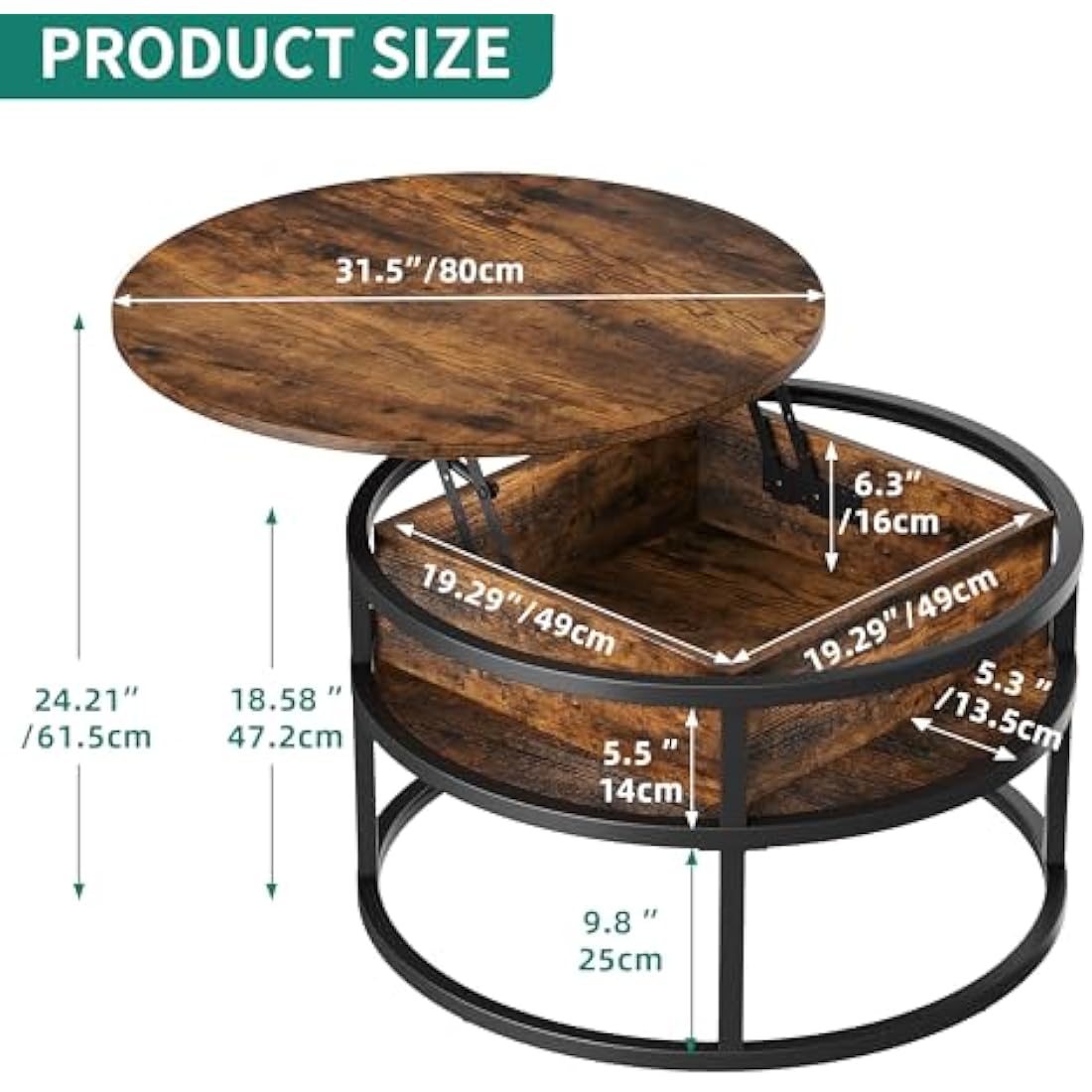 YITAHOME Round Lift Top Coffee Table, Coffee Tables for Living Room with Hidden Storage Compartment, Modern Coffee Table with Storage for Home Office,Round Center Tables Living Room (Brown)