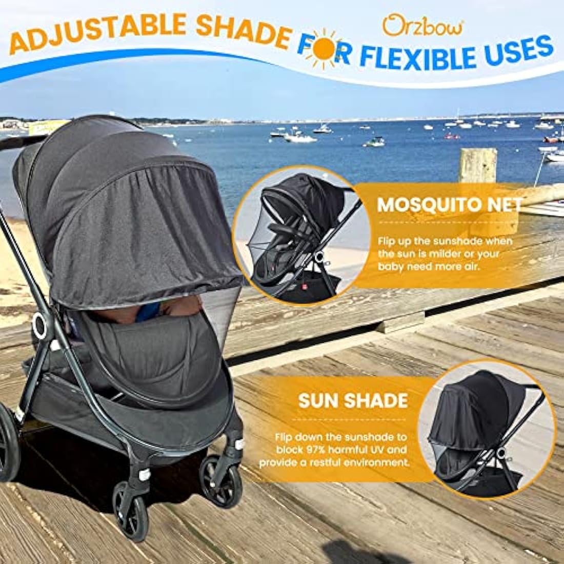 Orzbow Universal Mosquito Net for Pram, Breathable Pram Sun Shade w/UPF 50+, Pram Mosquito Net w/Blackout Cover, Two Way Zipper for Easy Access (Black)
