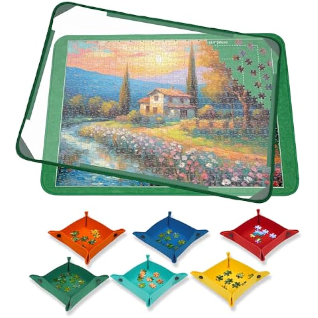 MOZOOSON Jigsaw Puzzle Board - 1000 Pieces Storage, Puzzle Storage Board 32 x 22inches, Jigsaw Puzzle Accessories for Easy Move and Store (6 Puzzle Sorting Trays & 1 Clear Cover)