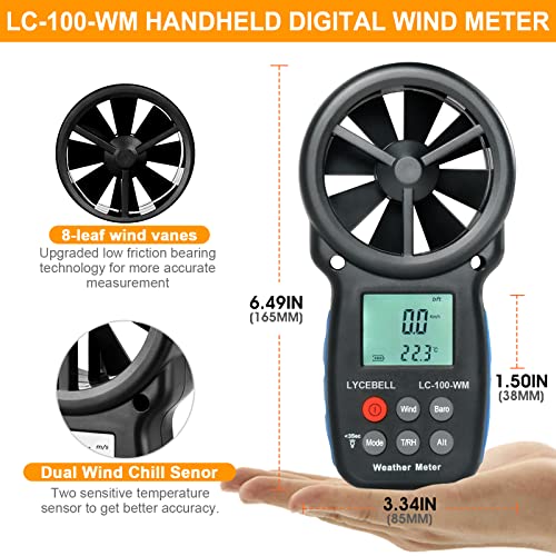 LYCEBELL Digital Anemometer Barometer, Handheld Wind Speed Meter for Wind Velocity, Wind Chill, Humidity, Altitude, with Backlight LCD, Barometric