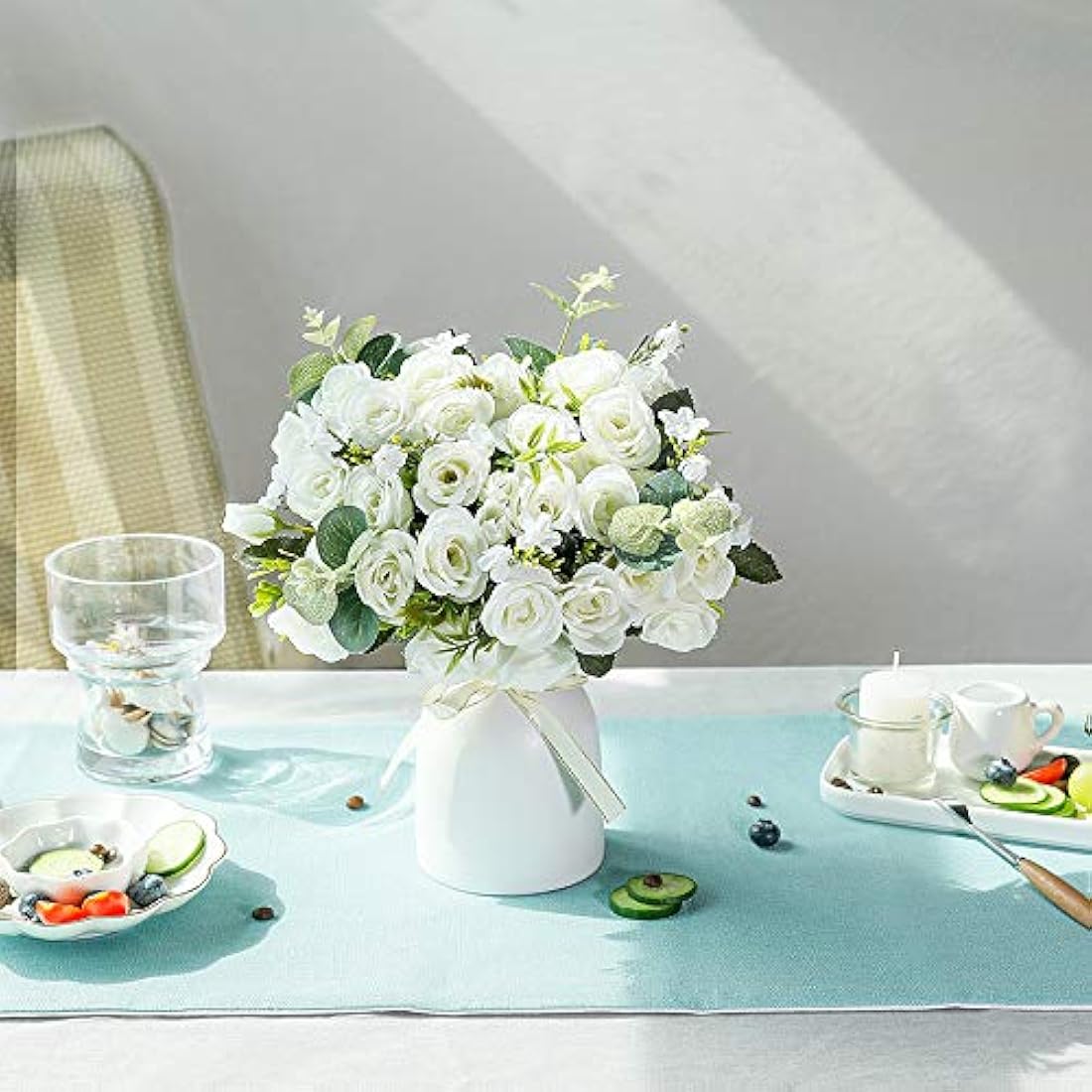 LESING Artificial Silk Rose with Vase Fake Flowers Wedding Flowers Bouquets Arrangement Home Office Party Centerpiece Table Decoration (White)