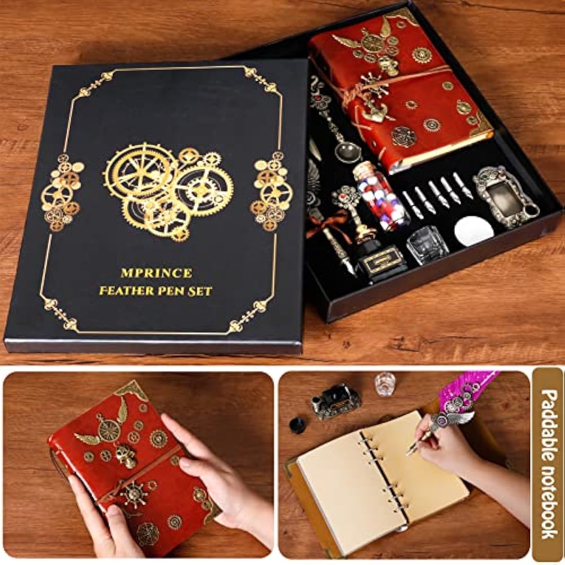 MPRINCE Quill Pen Ink Set Leather notebook With Quill Pen,Notebook,5 Replaceable Nibs,Seal Stamp,Spoon,Wax Beads,White Wax,Ink,Pen Holder,Cup,Envelope,Letter Paper(blue)