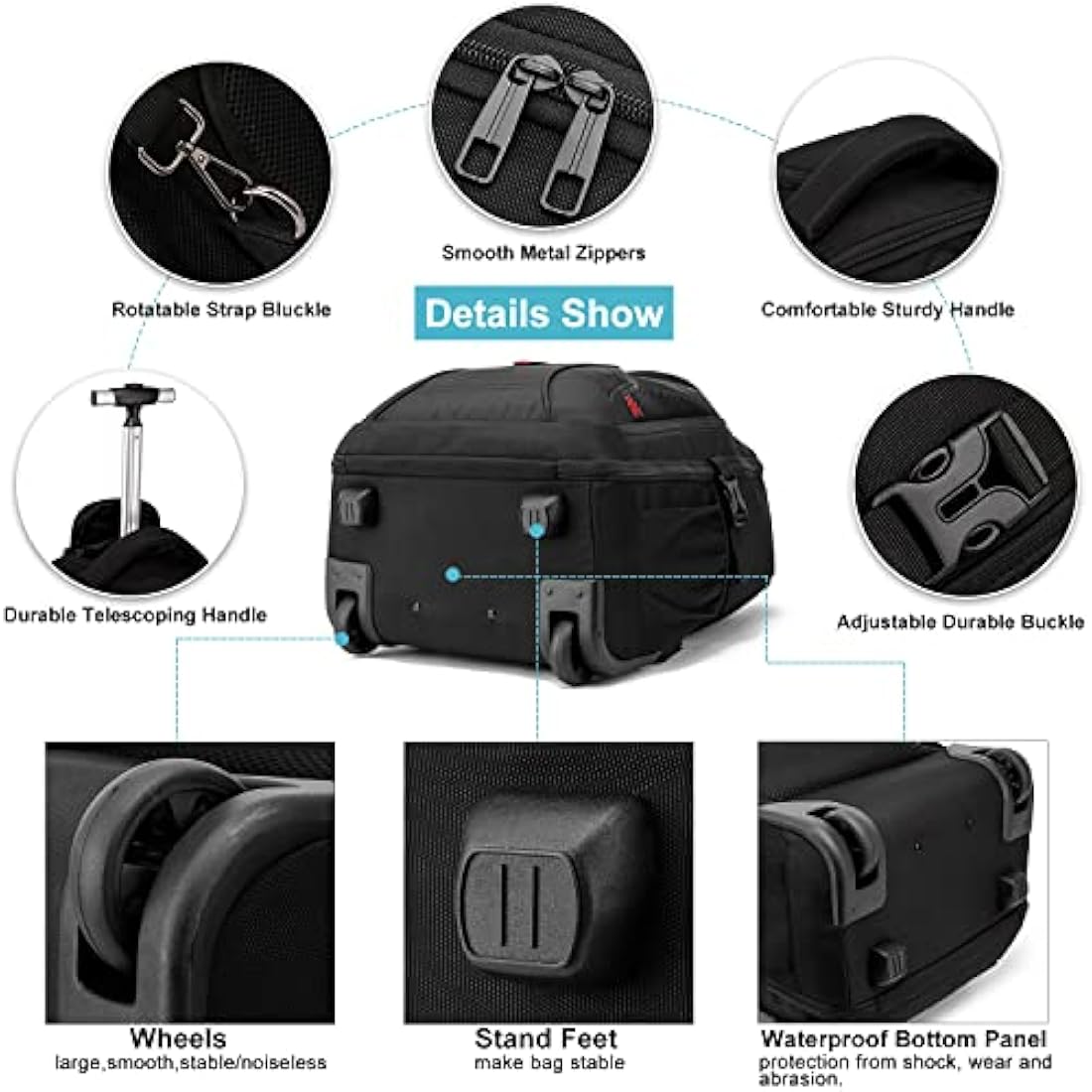 LIGSAN Travel Backpack with Wheels, 17inch Wheeled for Men Women Rolling Laptop Bags on Wheels Waterproof Rucksack Cabin Bag Trolley Suitcase Business College School Bag, Black