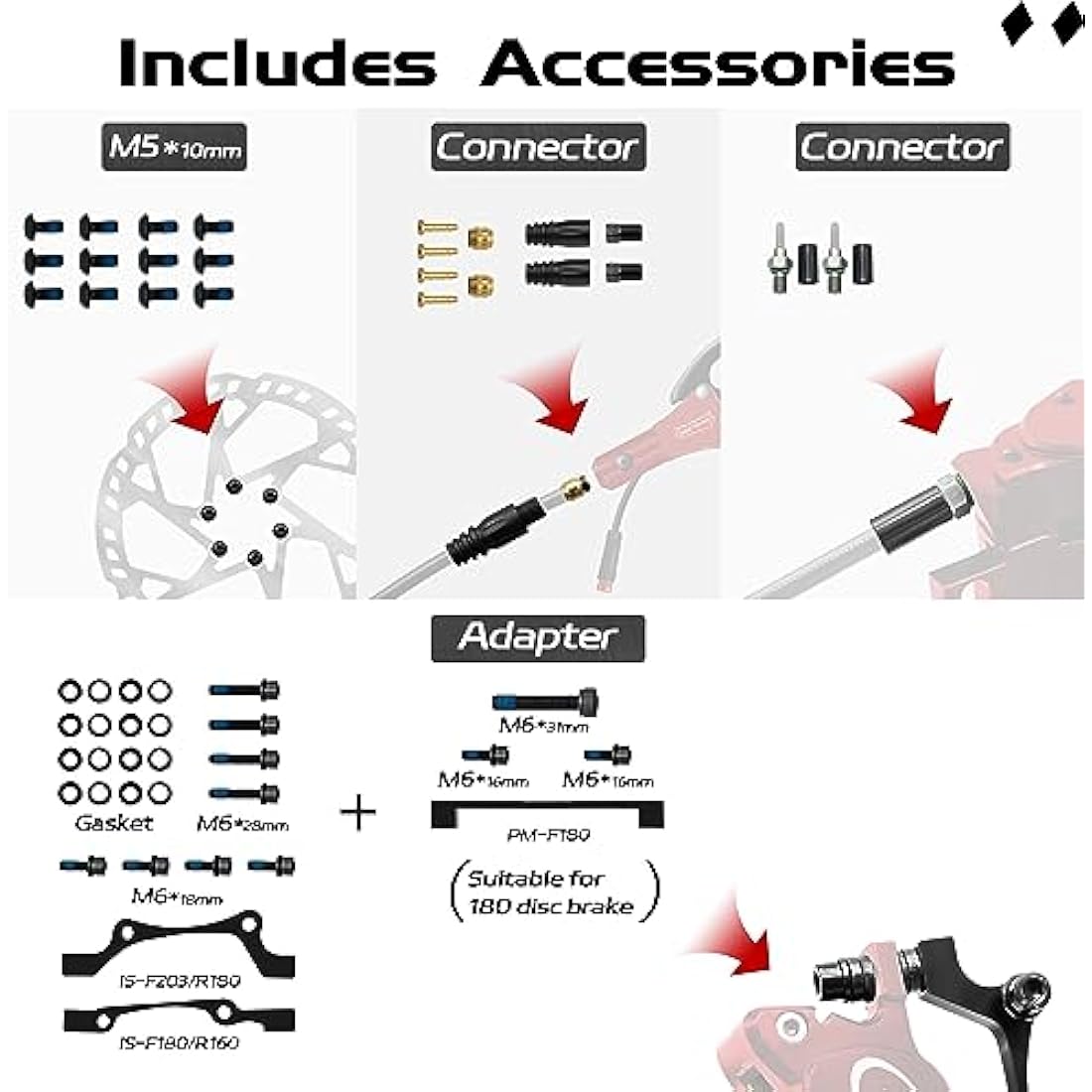 DYISLAND E-Bike Hydraulic Disc Brake Set 4-Pistons/2-Pistons, 2-PIN/3-PIN Pre-Bled with Mineral Oil Brakes Kit，Front and Rear Set，with 180mm 2.3mm Thick Rotors