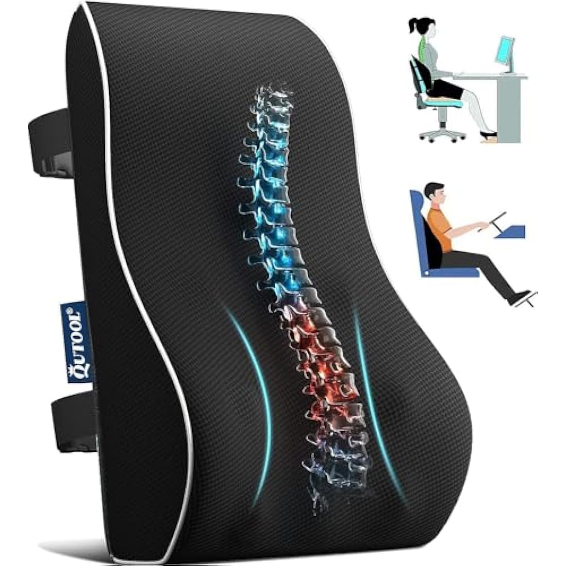 QUTOOL Lumbar Support Pillow for Office Chair Car Memory Foam Back Cushion Large Back Support Pillow for Computer, Gaming Chair, Recliner Double Adjustable Straps