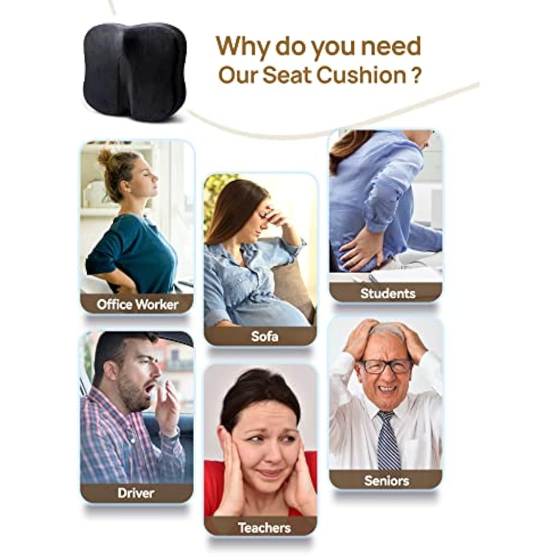 Travel Ease Ergonomic Seat Cushion, Premium Memory Foam Chair Pad with Anti-Slip Base for Long Hours Sitting Comfort, Hip Support Pillow for Office Chair, Car Seat, Gaming Chair (Black)
