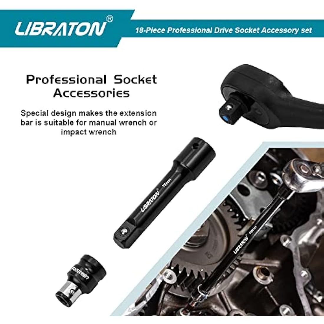 Libraton Extension Bars, 3/8 1/2 1/4 Extension Set, Spanner Extensions, with Socket Adapters, Socket Extensions, Universal Joints, Impact Coupler, Professional Socket Accessories, Cr-V