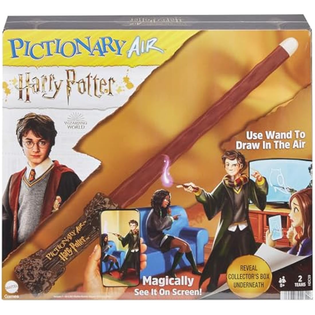 PICTIONARY AIR HARRY POTTER Family Drawing Game, Wand Pen, 112 Double-Sided Clue Cards with Picture Bonus Clues, Trunk Card Holder, Collector Package. Gift for for 8 Year Olds & Up, HDC59
