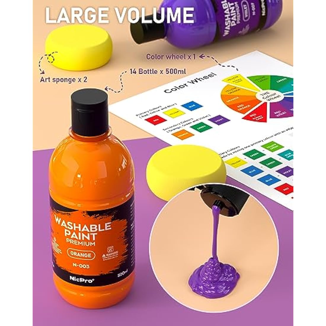 Nicpro 14 Colors Large Washable Paint Set for Kid (16.9 oz,500 ml), Acrylic Bulk Paint Supplies Non Toxic Children for Art, Craft DIY, Poster & Finger Paint, School, Home,Classroom