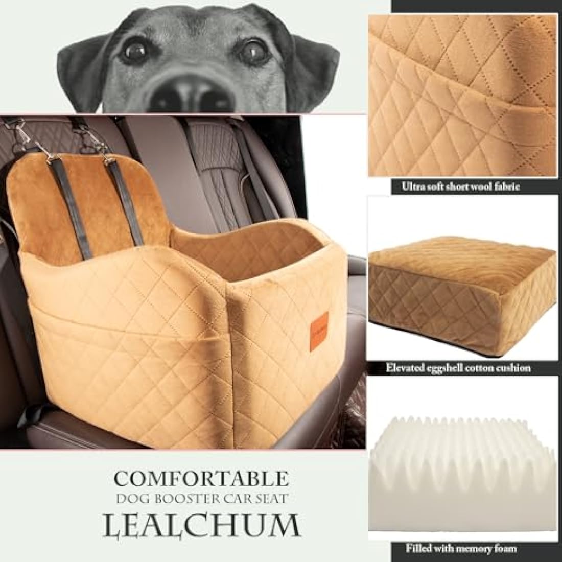Lealchum Dog Booster Car Seat for Small/Medium Dogs,Puppy Portable Seat for Car with Elevated Cushion,Fully Detachable and Washable Pet Seat with Storage Pockets,Easy to Install (Coffee, Medium)