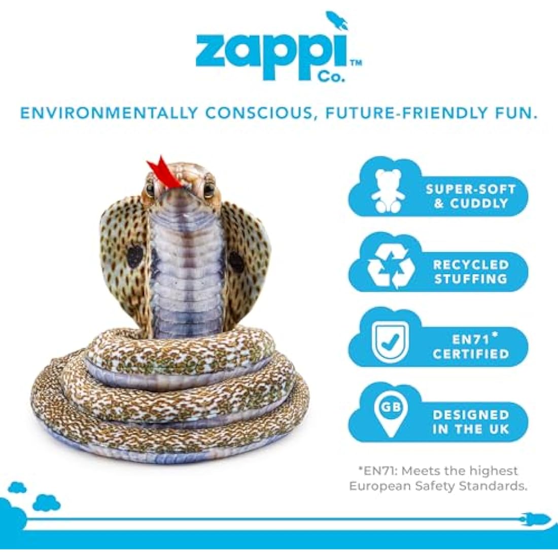 Zappi Co Kids Stuffed Soft Cuddly Plush Snake Toy - Part of Safari Animals Collection: Realistic and Lifelike, Perfect for Kids(Cobra)