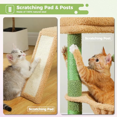 PAWZ Road Cactus Cat Tree for Indoor Cats with Large Condo, 1 Sisal Board, 3 Scratching Posts, Cat Scratching Tower with Large Hammock&Perch 90cm