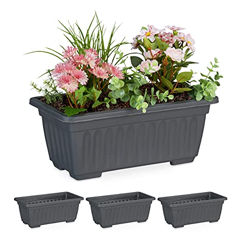 Relaxdays Set of 4 Planters, Indoor & Outdoor, Square Flower Pot, Narrow, HxWxD: 14 x 34 x 18.5 cm, Plastic, Anthracite
