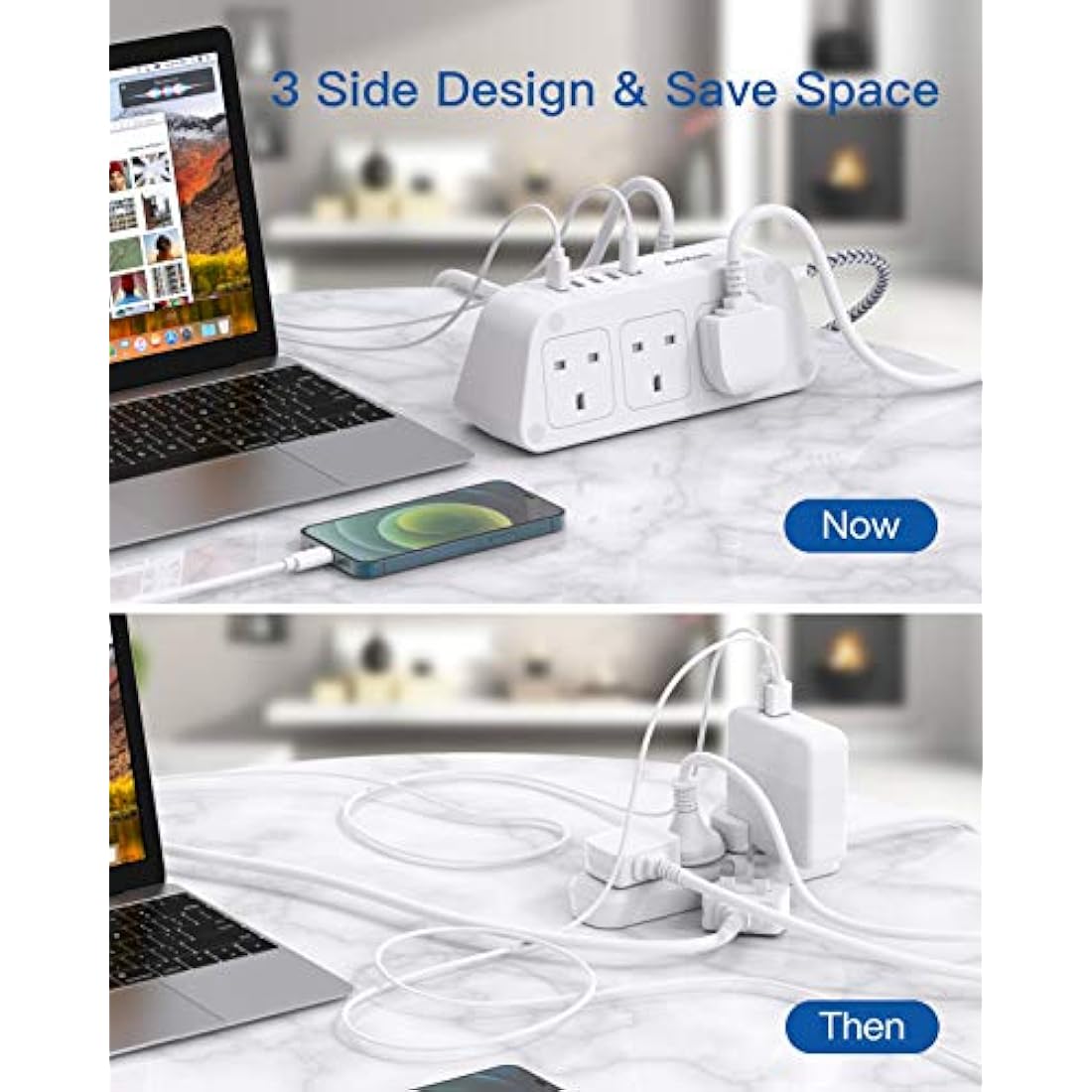 Addtam 3M Extension Cable, Extension Lead with 6 Way Outlets 5 USB(5A, 1 USB C and 4 USB A Ports), 3250W Overload Protection, 3M Braided Extension cord, Surge Protection Plug Extension Socket