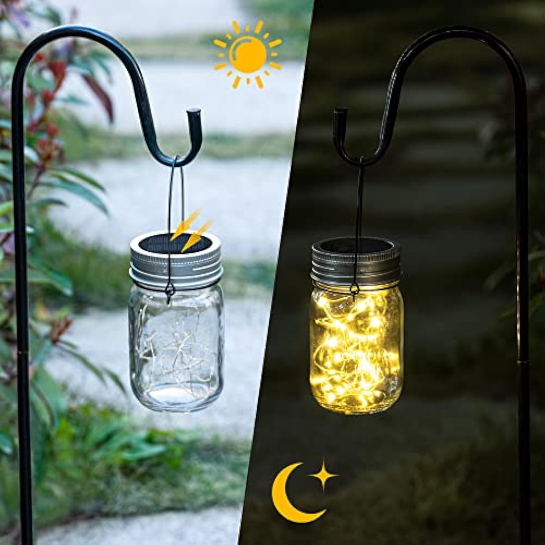 GIGALUMI Hanging Solar Mason Jar Lights, 6 Pack 30 Led Lanterns. Great Outdoor Decor for Patio Garden, Yard and Lawn, Warm White