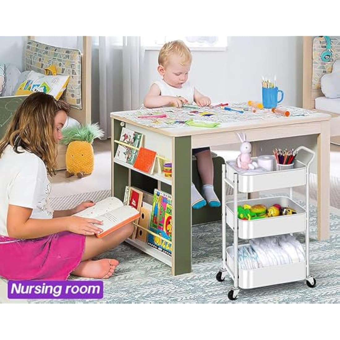 MISSLO Utility Cart 3 Tier Rolling Cart with Wheels and Handle, Under Desk 27" Height Small Metal Storage Trolley Organizer Rack Shelf, Mobile Book Art Cart for Office, Kitchen, Bathroom (White)