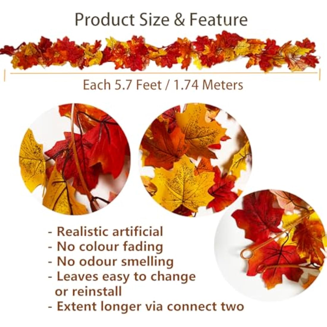 TENQUAN 2 Pack Artificial Autumn Maple Leaves, 5.7 FT Autumn Garland Decoration Fall Hanging Plant Leaves 175cm/Piece Halloween Thanksgiving Party Decor for Home Wall Garden Rireplace Stair (Red)