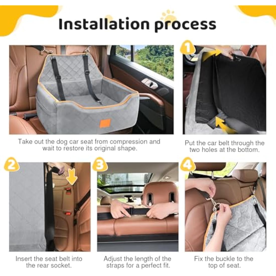 GL GLENSLAVE Dog Car Seat for Large/Medium Dogs, Dog Booster Seat for Pet Under 55Lbs or 2 Small, Detachable and Washable Travel Pet Bed with Thick Cushion and Storage Pockets (Grey)