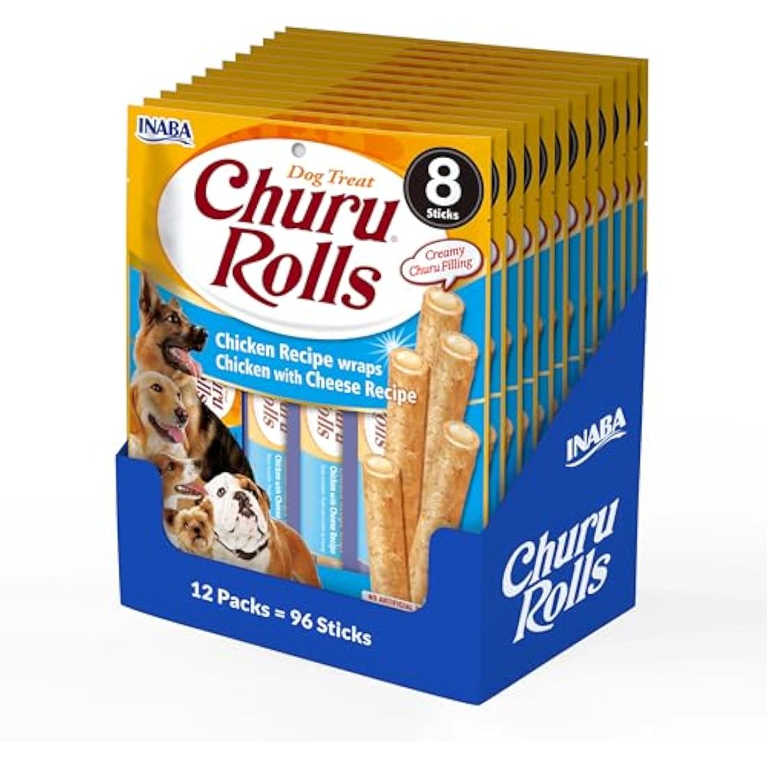 Churu Rolls by INABA Dog Treat - Chicken Flavour 8 Pack (64 x 12g total) / Crispy Sticks with Creamy Filling Dog Treat, Delicious & Healthy Snack, Hand Feeding, Training Snack, Natural, Grain Free