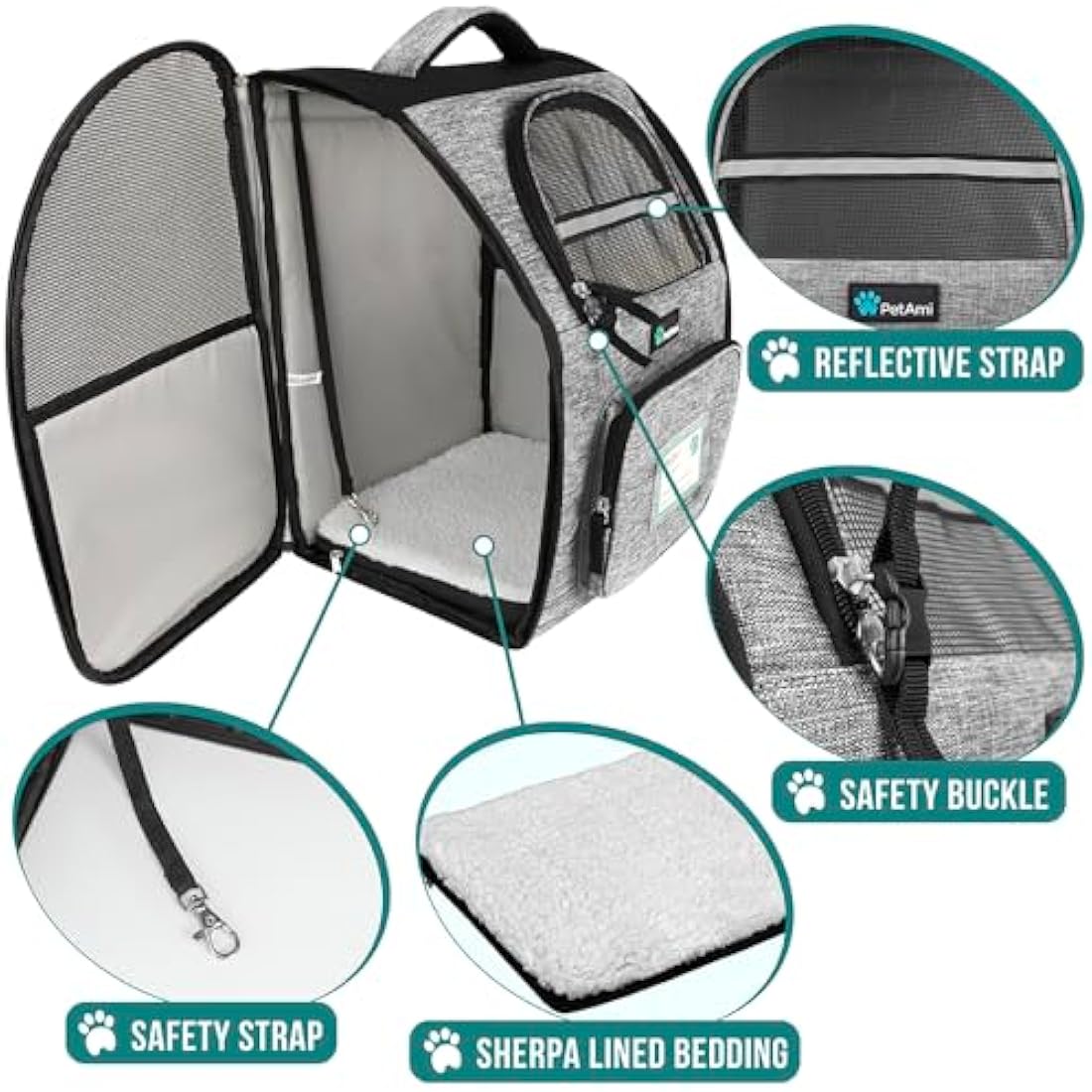 PetAmi Deluxe Pet Carrier Backpack for Small Cats and Dogs, Puppies | Ventilated Design, Two-Sided Entry, Safety Features and Cushion Back Support | for Travel, Hiking, Outdoor Use (Heather Gray)