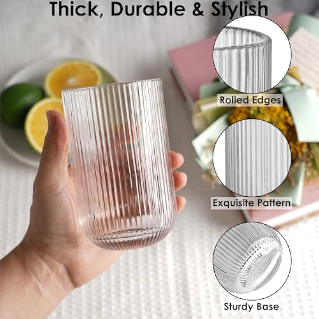 TKNO 6X 410ml Ribbed Highball Glasses Tall Hi Ball Glass Water Gin Juice Cocktail Drinking Glassware Origami Style Fluted Ripple Beverage Tumblers Set, Ideal for Home, Restaurant, Events & Parties