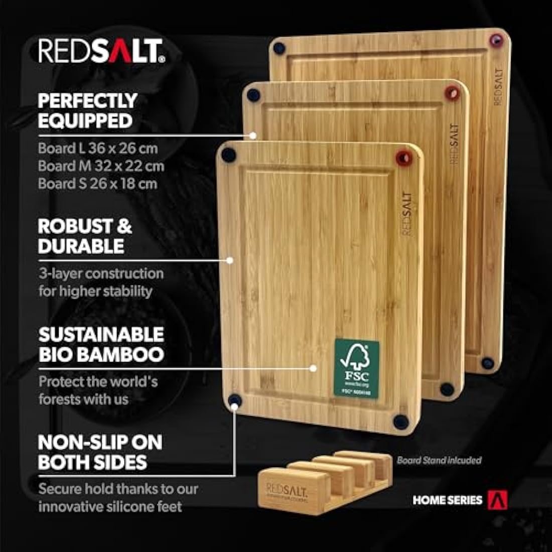 REDSALT® Innovative Organic Bamboo Wooden Chopping Board, Set of 3, Non-Slip, 38 x 26, 32 x 22, 26 x 18 cm Wooden Sustainable Kitchen Board Reversible Antibacterial Deep Juice Groove, FSC Gift BBQ