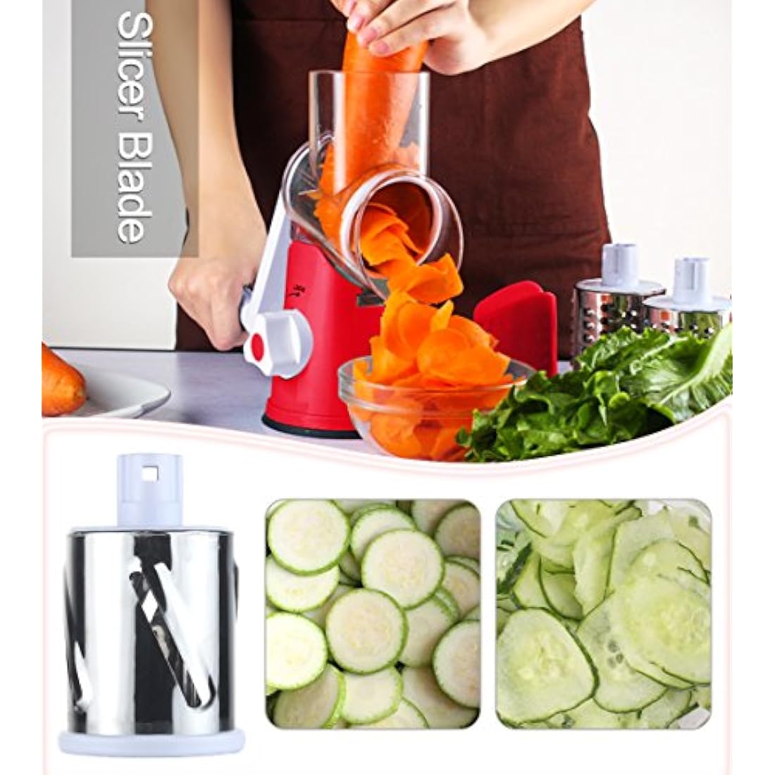 Ourokhome Vegetable Mandoline Slicer Chopper- Rotary Cheese Grater with 3 Interchangeable Ultra Sharp Cylinders Stainless Steel Blades（Red）