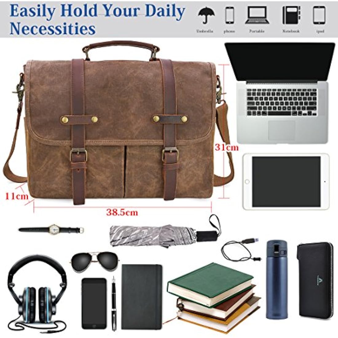 NEWHEY Mens Laptop Shoulder Canvas Messenger Bag Waterproof Computer Briefcase Notebook Vintage Satchel Designer School Work Bags 15.6 Leather