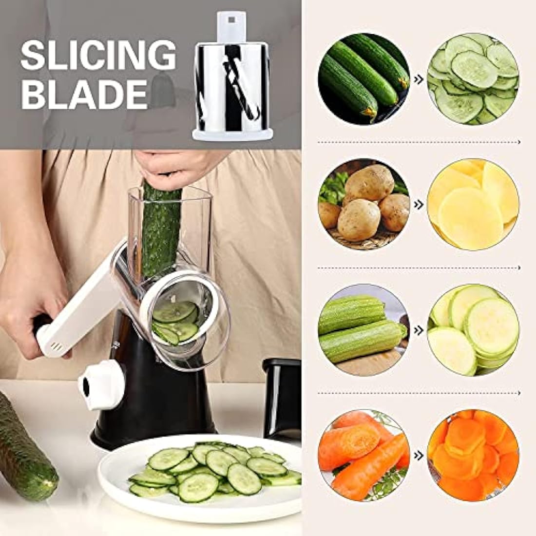 Ourokhome Rotary Cheese Grater Vegetable Slicer - Rotary Round Drum Grater Chopper with 3 Stainless Steel Drums Strong Suction Base (Black)