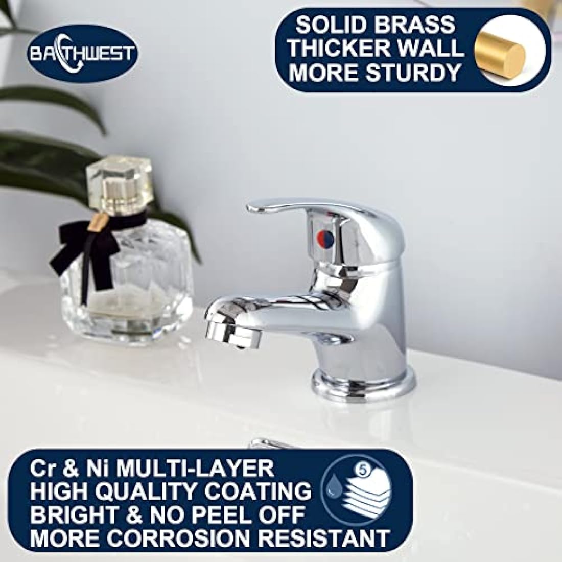 Basin Mixer Tap with Pop Up Waste, BATHWEST Classic Brass Chrome Monobloc Bathroom Sink Taps with Sink Plug, Single Lever Morden Basin Taps with Waste 022NCR