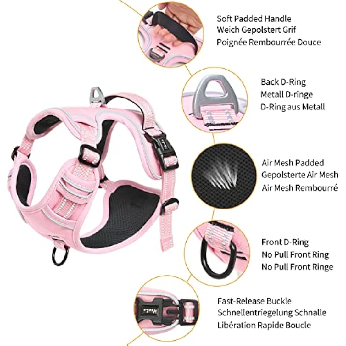 HEELE Dog Harness, Reflective, No-Pull, Pink, XL
