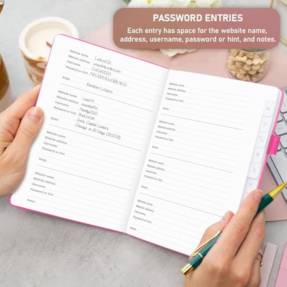 GoGirl Password Book with Alphabetical tabs – Internet Address & Password Keeper Logbook for Password Organization, Journal Notebook for Saving Website Logins. Medium Size 13.5 x 19cm - Hot Pink