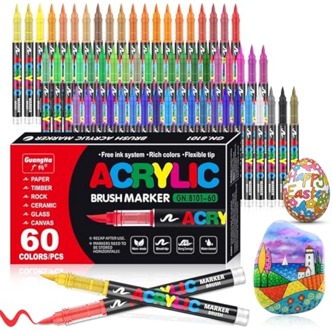 VAKKI 60 Color Acrylic Paint Pens, Acrylic Brush Markers, Paint Pens For Colouring, Stone, Calligraphy, Wood, Canvas, Glass, Ceramics