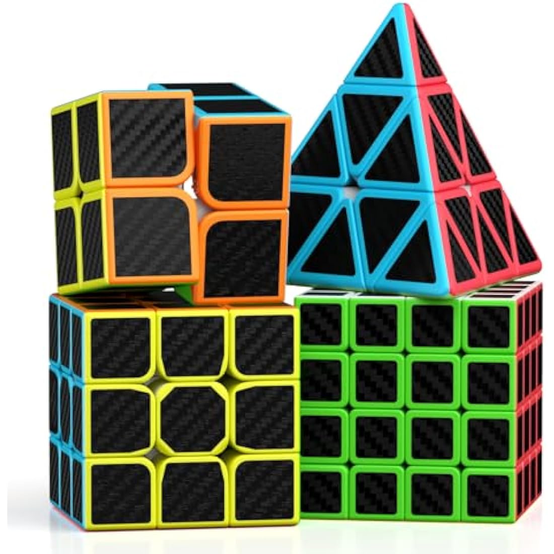 ROXENDA Speed Cube Set, 2X2 3X3 4X4 Pyramid Cube Stickerless with Instruction [4 Pack] (Carbon Fiber Cube Set)