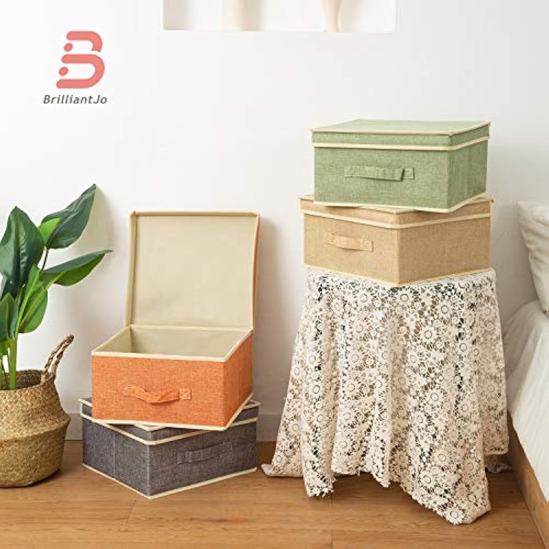 BrilliantJo Storage Boxes with Lid, Foldable Clothing Storage Basket case with Handle for Closet, Bedroom, Home, 33.5L x 31.75W x 17.5H(cm) 4 mixed colors A