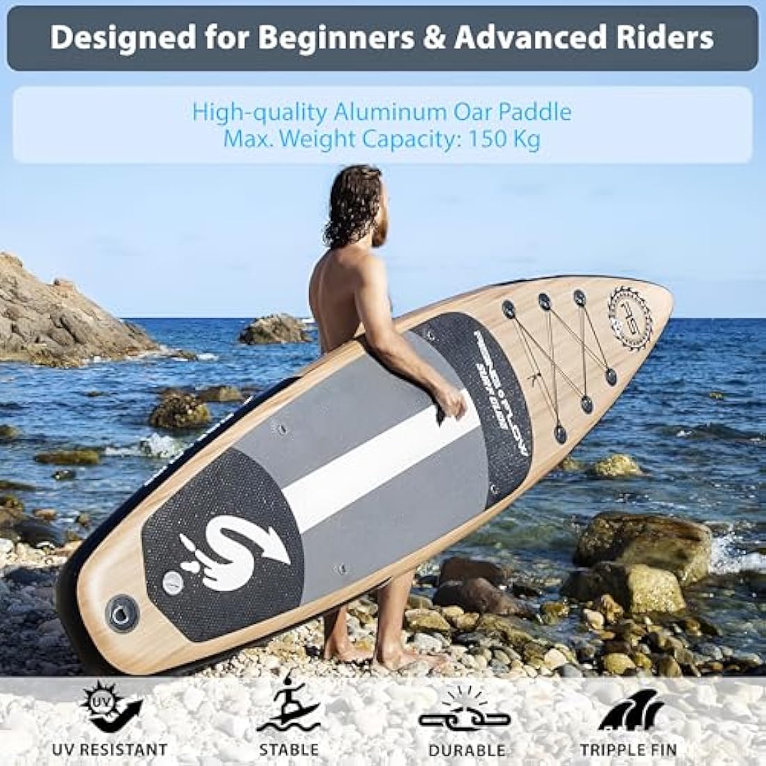SereneLife Inflatable Stand Up Paddle Board, SUP Board- Paddleboards for Adults & Youth, Surfing Board Kit, 0.63cm Thick Standup Paddleboarding, Non-Slip Deck, Wide Stance, Surf Control w/Backpack