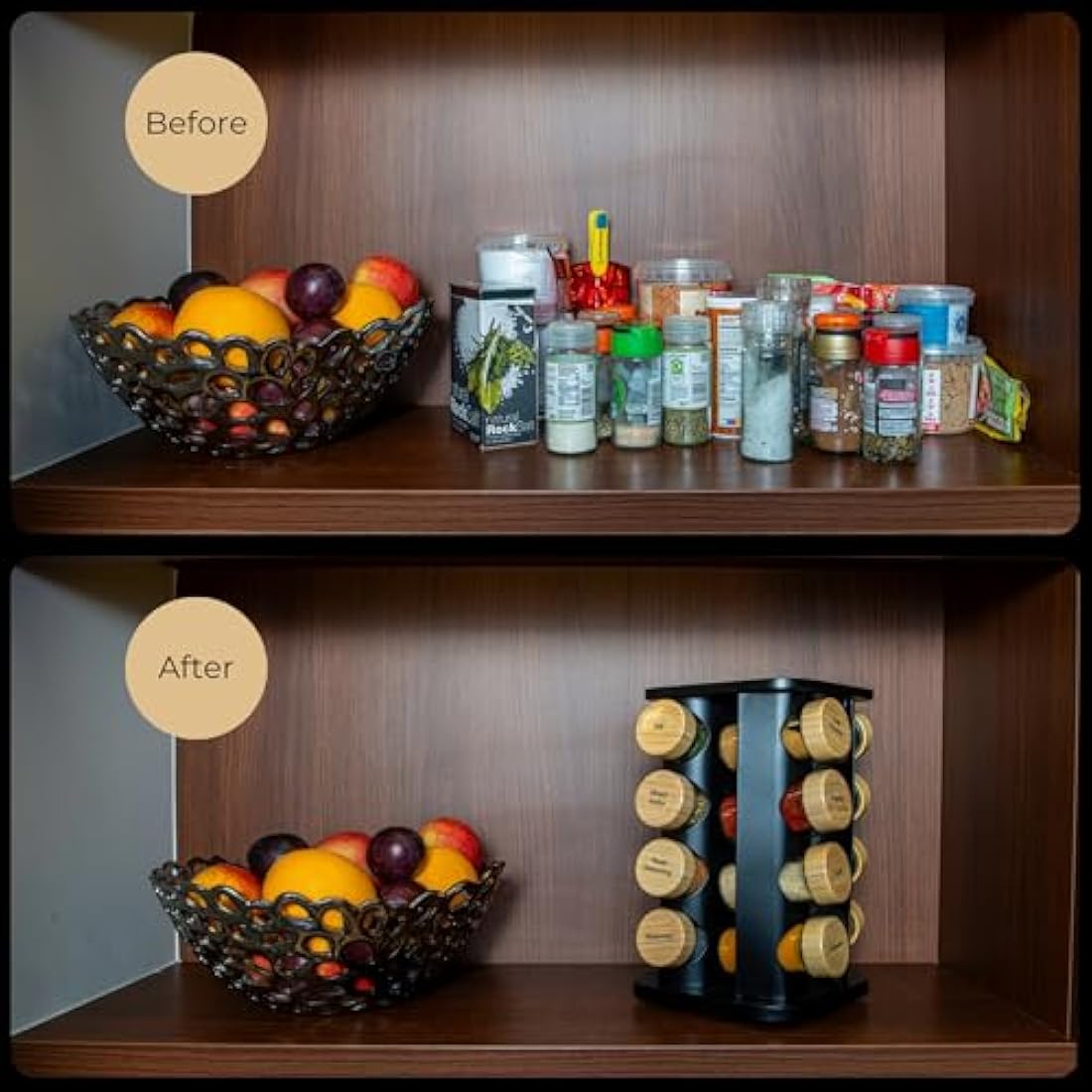 My Luxury Cuisine Rotating Spice Rack, Aesthetic Spice Rack for Inside Cupboard or Free Standing, Ideal Spice Rack Organiser Including 16 Spice Jars with Lids and Labels to Easily Sort your Spices.
