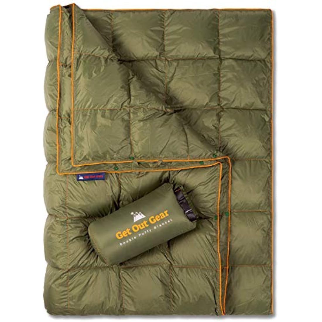 Get Out Gear Double Puffy Camping Blanket - Extra Puffy, Packable, Lightweight and Warm | Ideal for Outdoors, Travel, Stadium, Festivals, Beach, Hammock | Water-Resistant Camp Quilt (Olive/Orange)