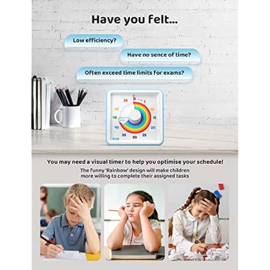 LIORQUE Visual Timer for Kids, 60 Minute Visual Countdown Timer for Classroom Teaching Cooking, Kids Time Management Tools with Silent Operation & Rainbow Pattern Design