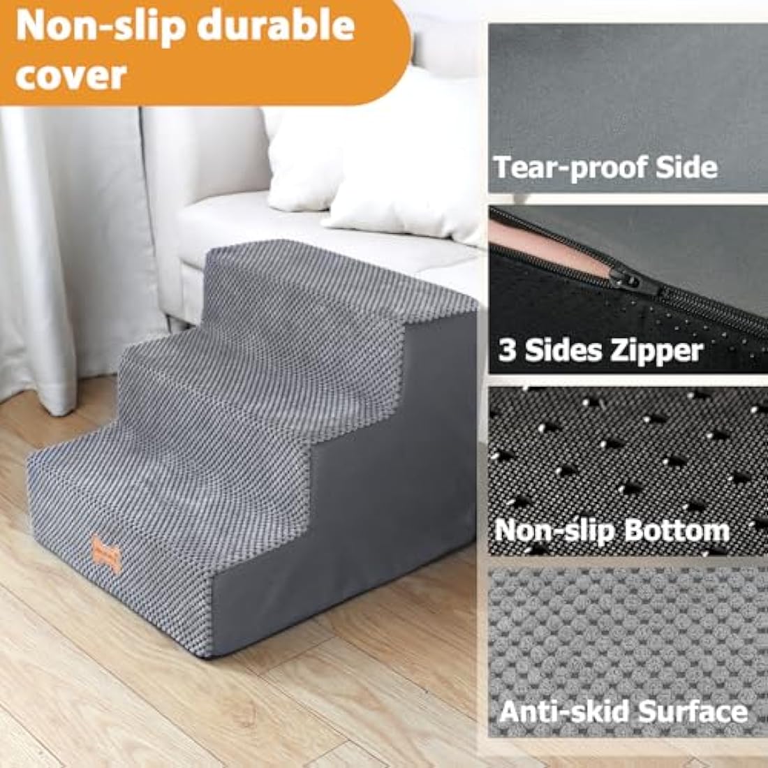 Nepfaivy Dog Steps Stairs for Bed - Non-Slip Pet Stairs for Small Dogs and Cats, 3-Steps Dog Ramp for Sofa with High Density Foam and Removable Cover, 45x40x34cm