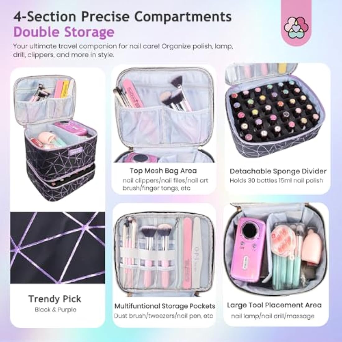 SAVILAND Nail Polish Organizer Bag: PU Leather Nail Kit Organizer Holds 30 Bottles & Nail Lamp, Black Nail Supply Organizer Nail Polish Carrying Case Gel Nail Organizers and Storage Box for Nail Tech