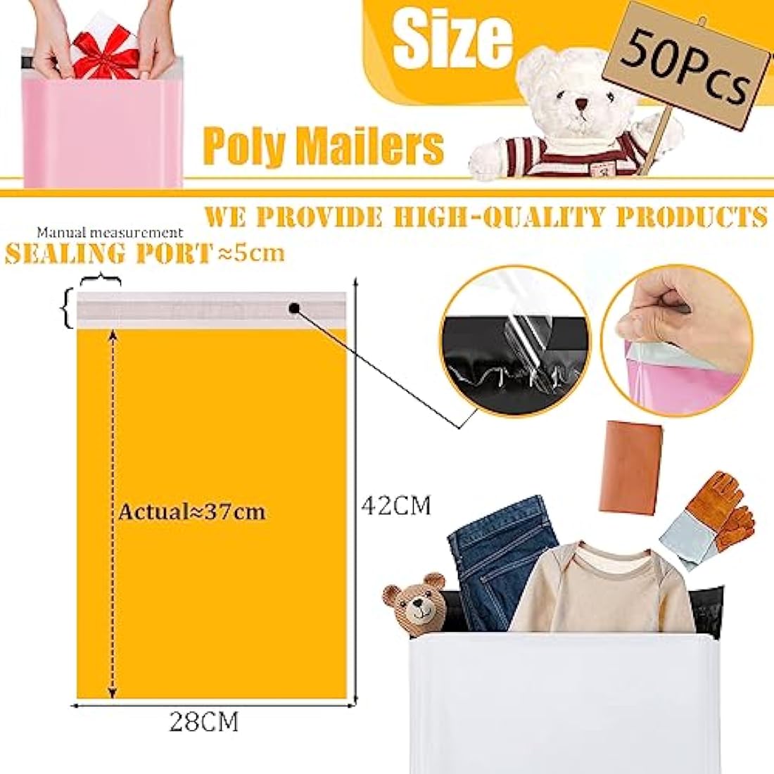 YAAVAAW 50pc 28x42cm Yellow Vinted Postage Bags Mailing for Clothes,Mailing Poly Postal Self Seal Bags,Parcel Shipping Strong Packaging Bag Delivery Plastic Envelopes Posting Clothes Parcel